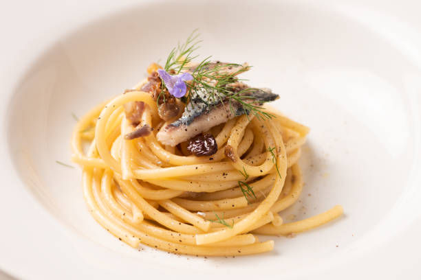Italian pasta with sardienes, close up