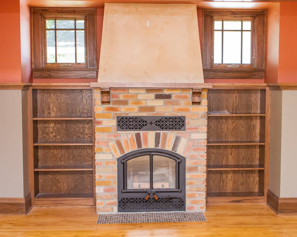 istock Fireplace with custom shelving in a Craftsman style house 1143577097