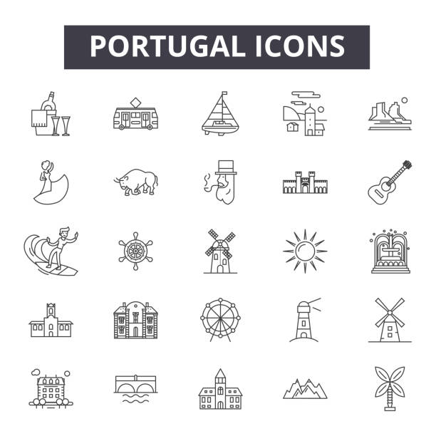 포르투갈 라인 아이콘, 기호 설정, 벡터. 포르투갈의 개요 개념, 삽화: 포르투갈, 여행, 포르투갈 전통, 세트 - portuguese culture lisbon portugal portugal flag stock illustrations
