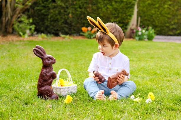 piccolo bambino carino con orecchie da coniglietto che mangiano coniglietti pasquali al cioccolato seduti sull'erba verde fuori nel giardino primaverile con cesto di uova di pasqua che guardano un grande coniglio al cioccolato. infanzia - baby chicken young bird easter bird foto e immagini stock