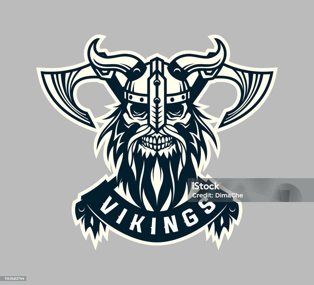 Viking skull head in helmet with horns and crossed axes - vector emblem with replaceable text part Viking skull head in helmet with horns and crossed axes - stylized vector emblem with replaceable text part Skull stock vector