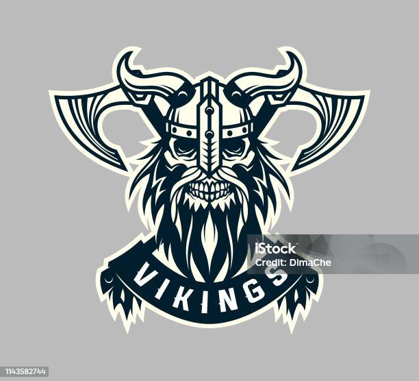 Viking Skull Head In Helmet With Horns And Crossed Axes Vector Emblem With Replaceable Text Part Stock Illustration - Download Image Now