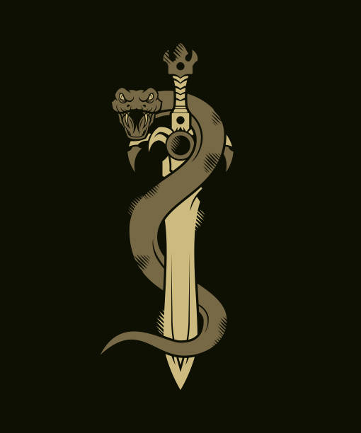 Snake silhouette wrapped around sword or dagger on dark background Snake wrapped around sword or dagger on dark background - cut out vector illustration knife wound illustrations stock illustrations