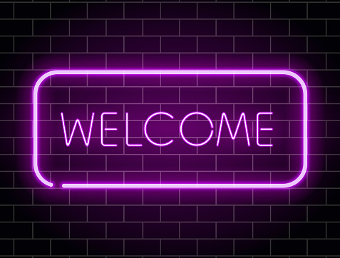 Neon welcome banner. Color neon frame on brick wall. Realistic glowing night signboard. Night bright advertising. Shining neon effect. Vector illustration.