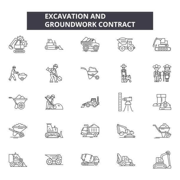 発掘�と grounwork ラインのアイコン、記号セット、ベクトル。発掘と grounwork の輪郭の概念、イラスト: 産業、産業、重い、仕事、孤立した、ディガー、金属 - archaeology点のイラスト素材／クリップアート素材／マンガ素材／アイコン素材