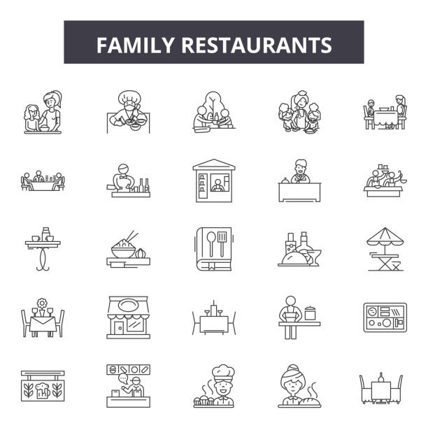 familienrestaurants sind zeilenge-symbole, schilder gesetzt, vektor. familienrestaurants rahmenkonzept, illustration: restaurant, familie, essen, menschen, wirtschaft - familie essen stock-grafiken, -clipart, -cartoons und -symbole