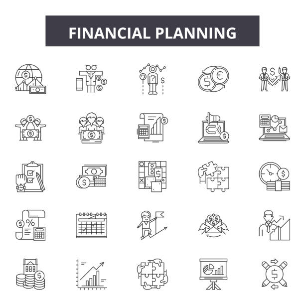 재무 계획 라인 아이콘, 기호 설정, 벡터. 재정 계획 개요 개념, 그림: 사업, 자금, 재정, 투자 - time savings currency pig stock illustrations