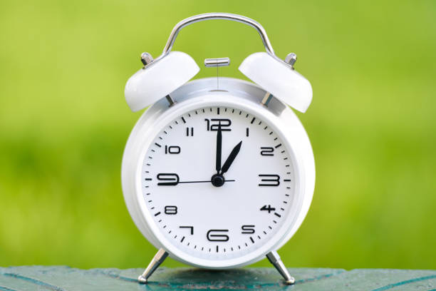 istock White alarm clock on green background. 1143591017