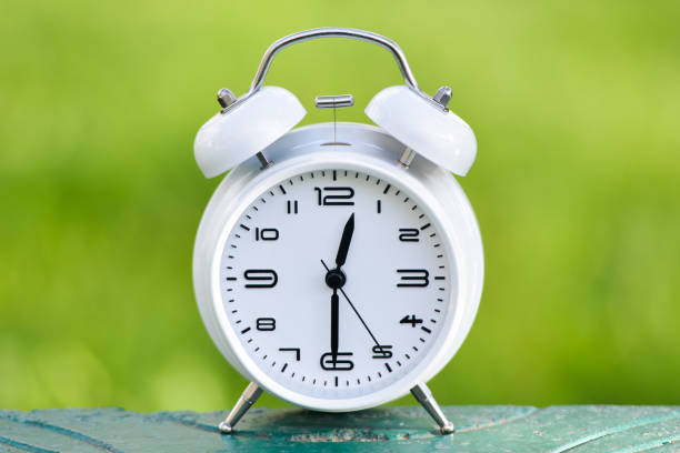 istock White alarm clock on green background. 1143591023