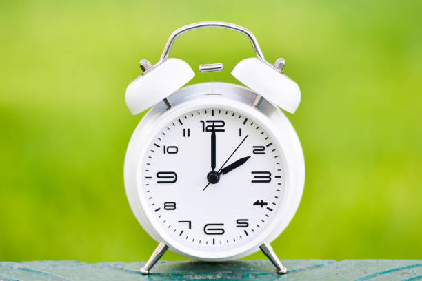 istock White alarm clock on green background. 1143591029