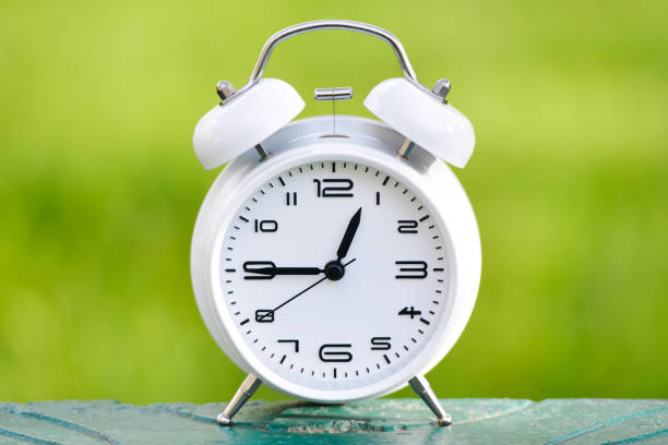 istock White alarm clock on green background. 1143591538