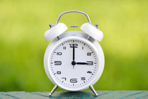 istock White alarm clock on green background. 1143591688