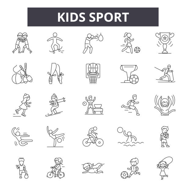 ilustraciones, imágenes clip art, dibujos animados e iconos de stock de iconos de línea deportiva para niños, conjunto de signos, vector. kids sport esquema concepto, ilustración: deporte, niño, actividad, fútbol, pelota, dibujos animados, diseño - tennis child childhood sport