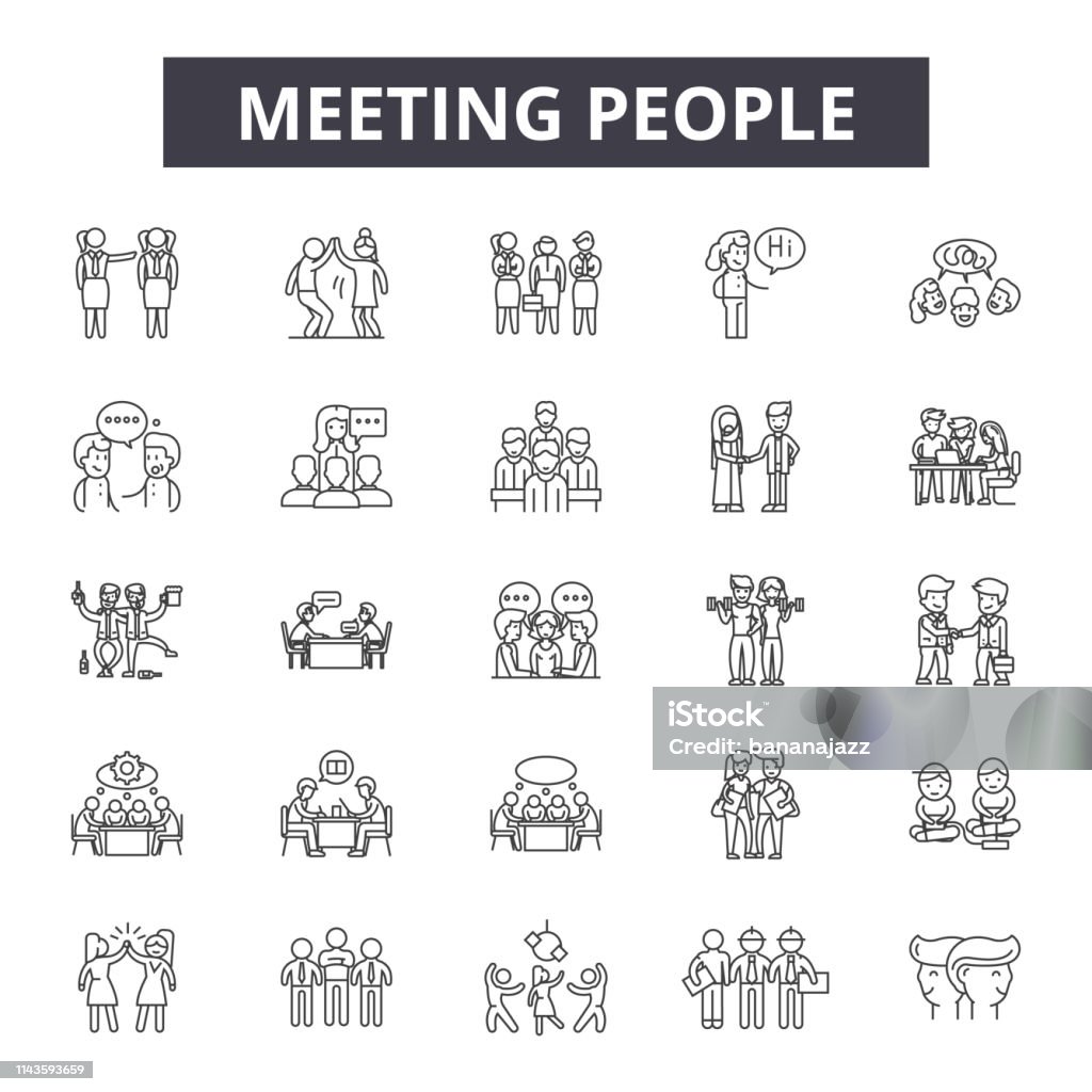 Reunión de personas iconos de línea, signos establecidos, Vector. Conocer el concepto de las personas, Ilustración: equipo, persona, personas, negocios, reunión, trabajo en equipo - arte vectorial de Adulto libre de derechos