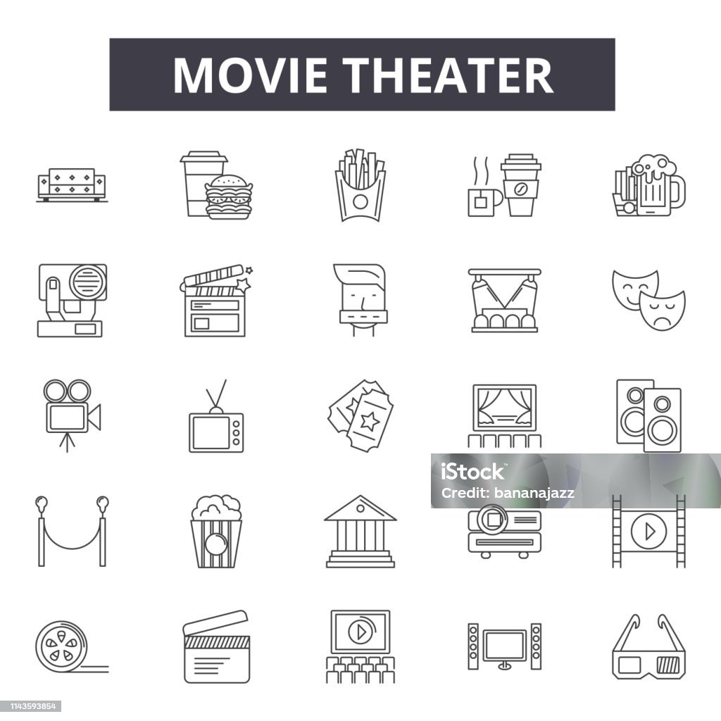 Linha ícones do teatro de filme, sinais ajustados, vetor. Conceito do esboço do cinema, ilustração: filme, filme, teatro, entretenimento, cinema, vídeo, símbolo - Vetor de Arte royalty-free