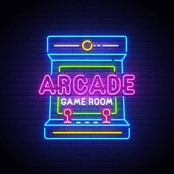 arcade games neon znak, jasny szyld, lekki baner. gra logo neon, emblemat. ilustracja wektorowa - amusement arcade stock illustrations