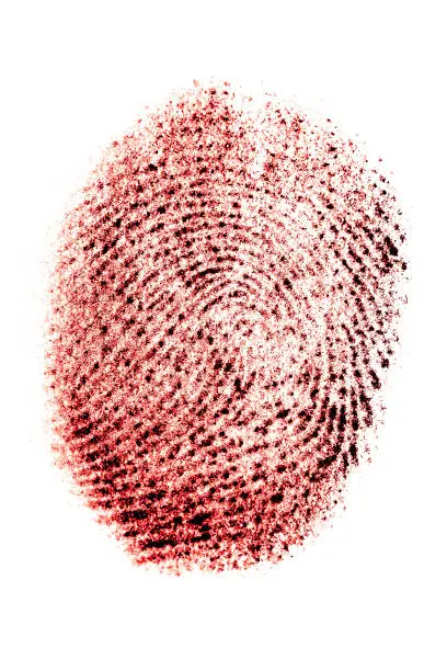 Photo of Real fingerprint in red color on white background, bloody thumbprint, macro