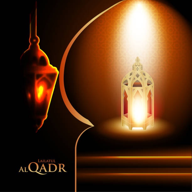 istock Realistic vector Illustration of Ramadan Kareem Background with Shining Lantern and Arabic Calligraphy of Ramadan Mubarak on the dark. 1143605870