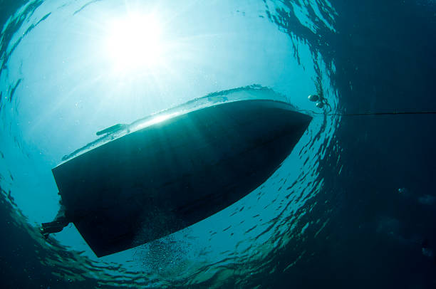 istock Dive boat silouetted with sunball behind 114360677