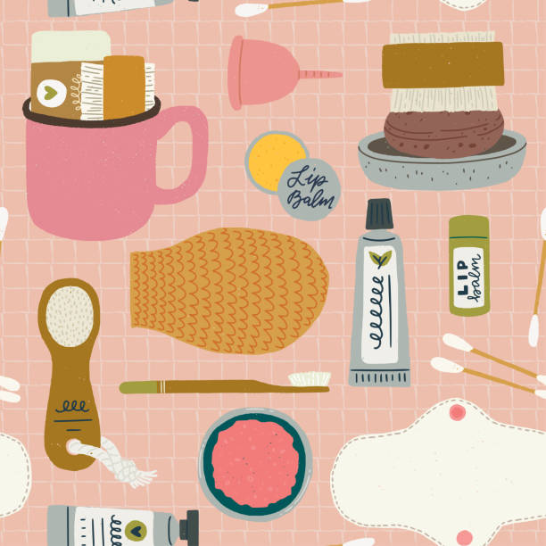 Zero waste bathroom essentials seamless pattern Seamless pattern of bath accessories for female selfcare on the pink squared notebook sheet background. Zero waste set of bathroom essentials. Eco product wallpaper design for shops, store, site. quadrille to stock illustrations