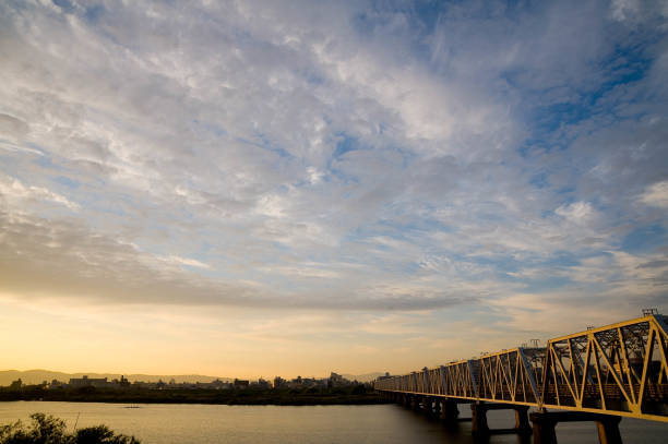 istock Beautiful sunrise and Akagawa iron bridge 1143615427