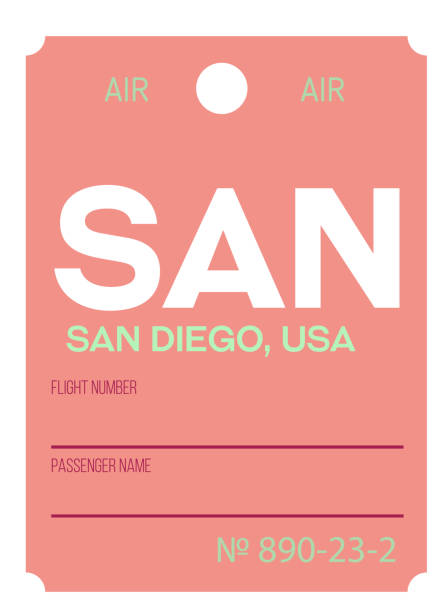 illustrazioni stock, clip art, cartoni animati e icone di tendenza di etichetta bagaglio aeroporto di san diego - label travel san diego california california