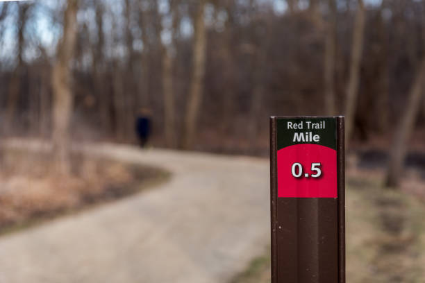 istock Mile marker along walking trail in forest preserve 1143615691