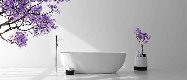 Modern bathroom interior with blossom tree, poster wall mock up