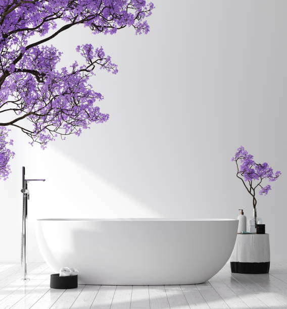 istock Modern bathroom interior with blossom tree, poster wall mock up 1143617479
