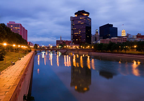 Skyscrapers along a river in Rochester