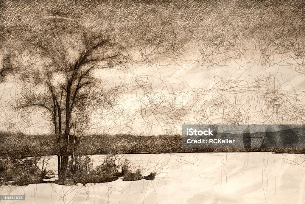 Sketch of a Tree Standing Beside Frozen Lake Blue stock illustration