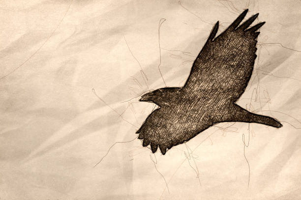istock Sketch of a Common Black Raven Flying in a Blue Sky 1143622618