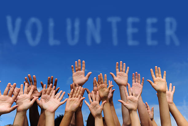 multiétnica manos en la palabra "voluntario" - hand raised fotos fotografías e imágenes de stock