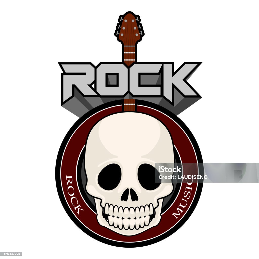 Rock music label with a skull and guitar Rock music label with a skull and guitar. Vector illustration design Abstract stock vector