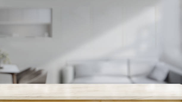 istock Empty top marble table counter in living room for product montage 1143627686