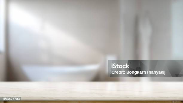 Empty Top Marble Table Counter In Bath Room For Product Montage Stock Photo - Download Image Now