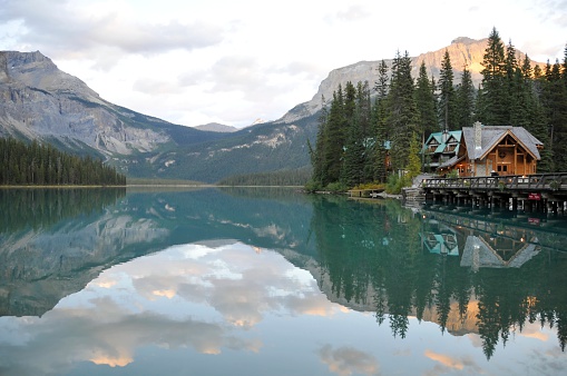Landscape with Emerald Lake Logde reflected in Emerald Lake in Yoho National Park,British Columbia,Canada.