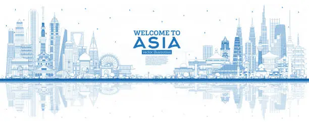 Vector illustration of Outline Welcome to Asia Skyline with Blue Buildings.