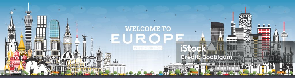 Welcome to Europe Skyline with Gray Buildings and Blue Sky. Welcome to Europe Skyline with Gray Buildings and Blue Sky. Vector Illustration. Tourism Concept with Historic Architecture. Europe Cityscape with Landmarks. London. Berlin. Moscow. Rome. Paris. Urban Skyline stock vector