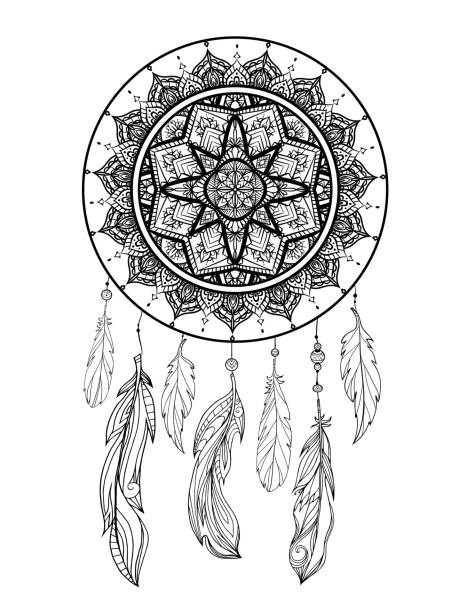 ilustraciones, imágenes clip art, dibujos animados e iconos de stock de ilustración mística de un atrapasueños con un patrón de tracería boho, plumas con perlas sobre un fondo blanco. vector mágico carta tribal - dreamcatcher symbol mystery catching