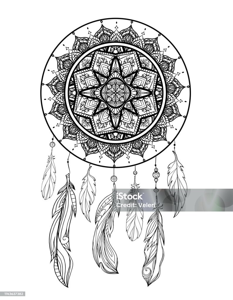 Mystical illustration of a dreamcatcher with a boho tracery pattern, feathers with beads on a white background. Vector magic tribal card Mystical illustration of a dreamcatcher with a boho tracery pattern, feathers with beads on a white background. Vector magic tribal card for coloring pages and your creativity. Dreamcatcher stock vector
