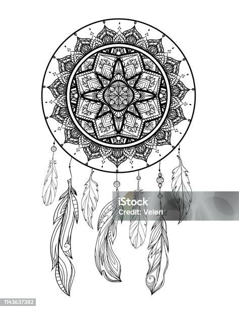 Mystical Illustration Of A Dreamcatcher With A Boho Tracery Pattern Feathers With Beads On A White Background Vector Magic Tribal Card Stock Illustration - Download Image Now