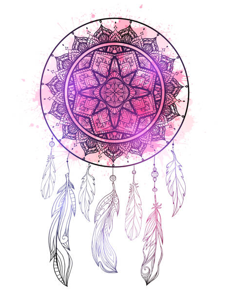 illustrazioni stock, clip art, cartoni animati e icone di tendenza di illustrazione mistica di un acchiappasogni con un motivo traforato boho, piume con schizzi di acquerello viola su sfondo bianco. carta tribale magia vettoriale - dreamcatcher symbol mystery catching