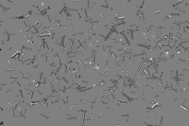 Screw heads used for assembling machine parts. Top view of bolts and screws. Isolated background.