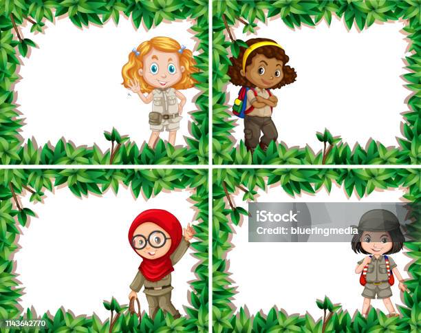 Girl Scouts In Card With Leaf Border Stock Illustration - Download Image Now - Art, Blank, Child