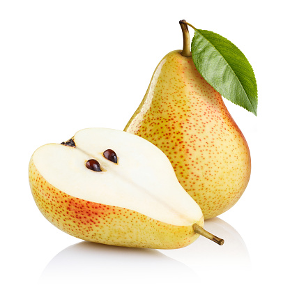 Pear with leaf and a half pear, isolated on white background