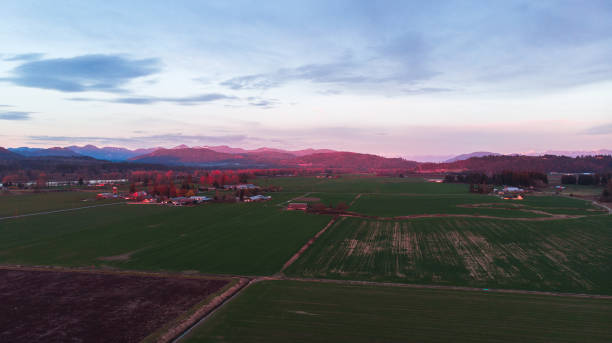 mountains, river in the background. aerial of farm field, langley - langley imagens e fotografias de stock