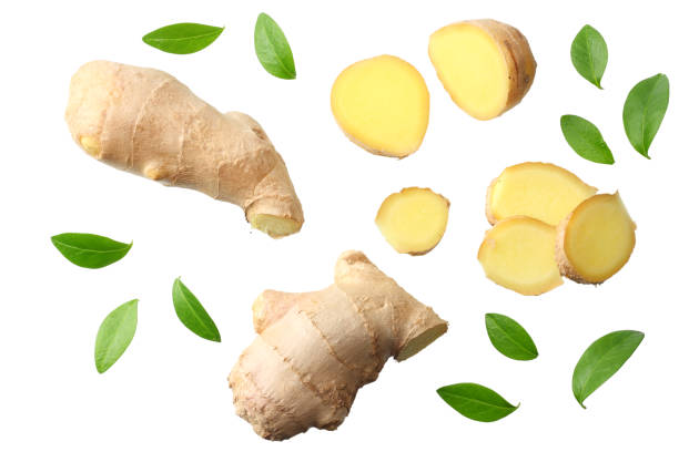 istock sliced ginger with leaves isolated on white background top view 1143645811