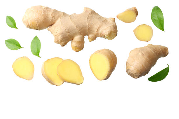 istock sliced ginger with leaves isolated on white background top view 1143645832