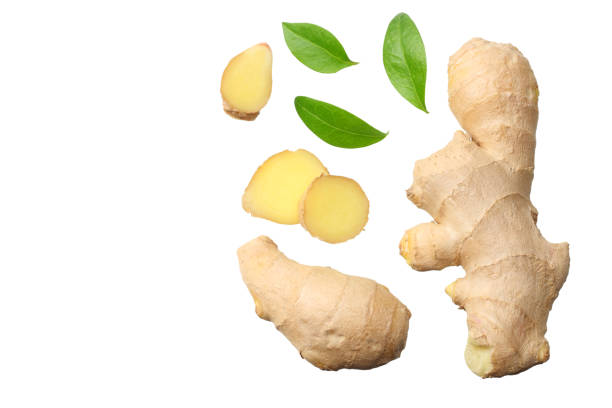 istock sliced ginger with leaves isolated on white background top view 1143645834